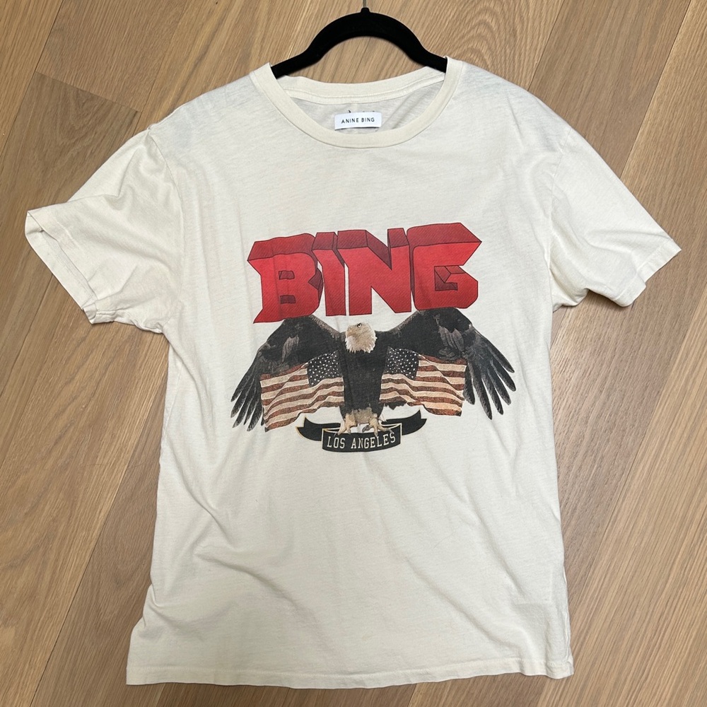 Anine Bing Cream Short-Sleeve Tee with Red Graphic Eagle